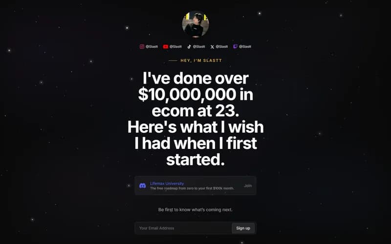 Slastt: creator personal-brand landing page with kinetic starfield hero