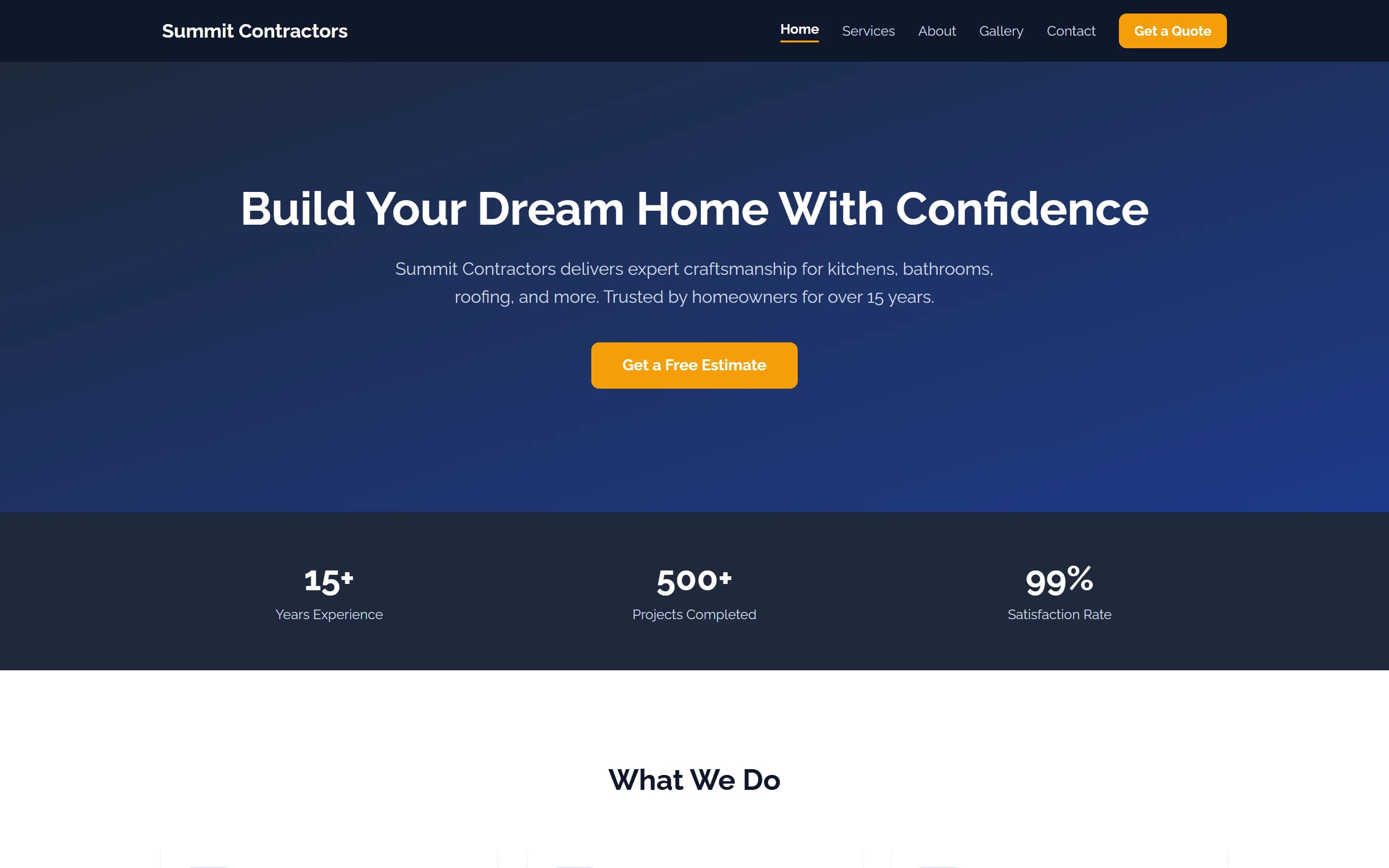 Summit Contractors sample site homepage