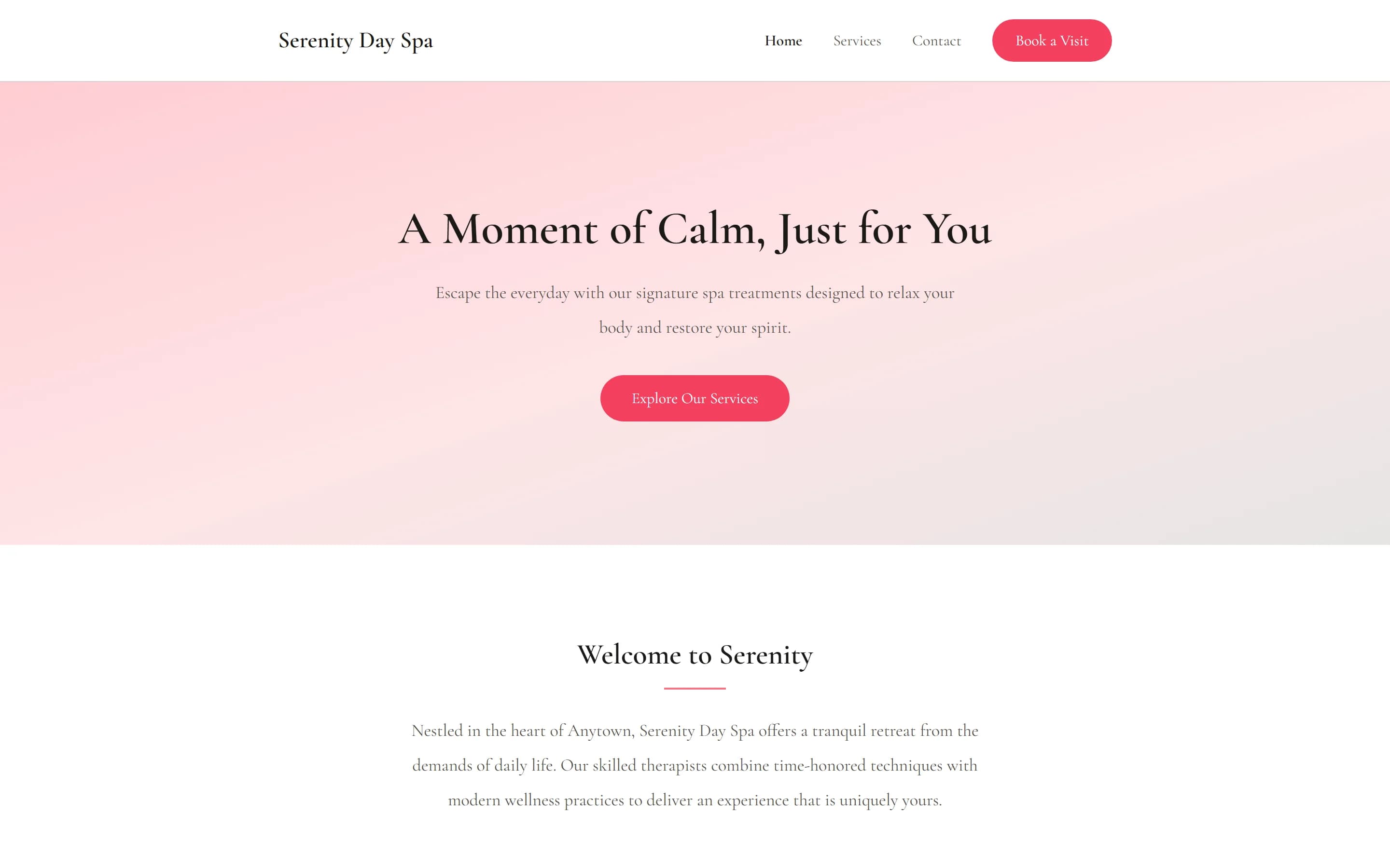 Serenity Day Spa sample site homepage