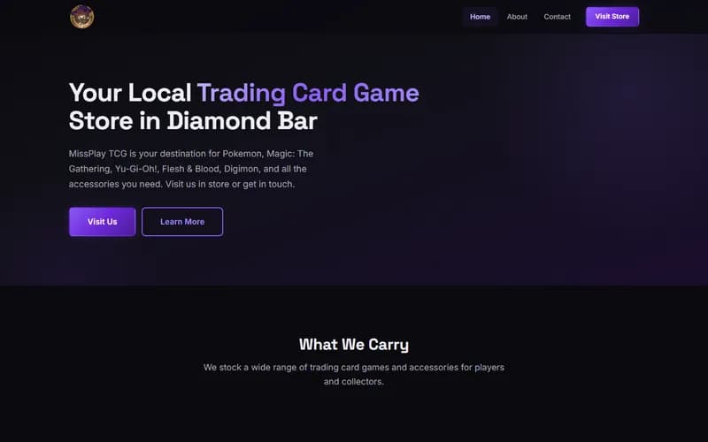 MissPlay TCG: storefront site for a local trading card game shop and tournament venue